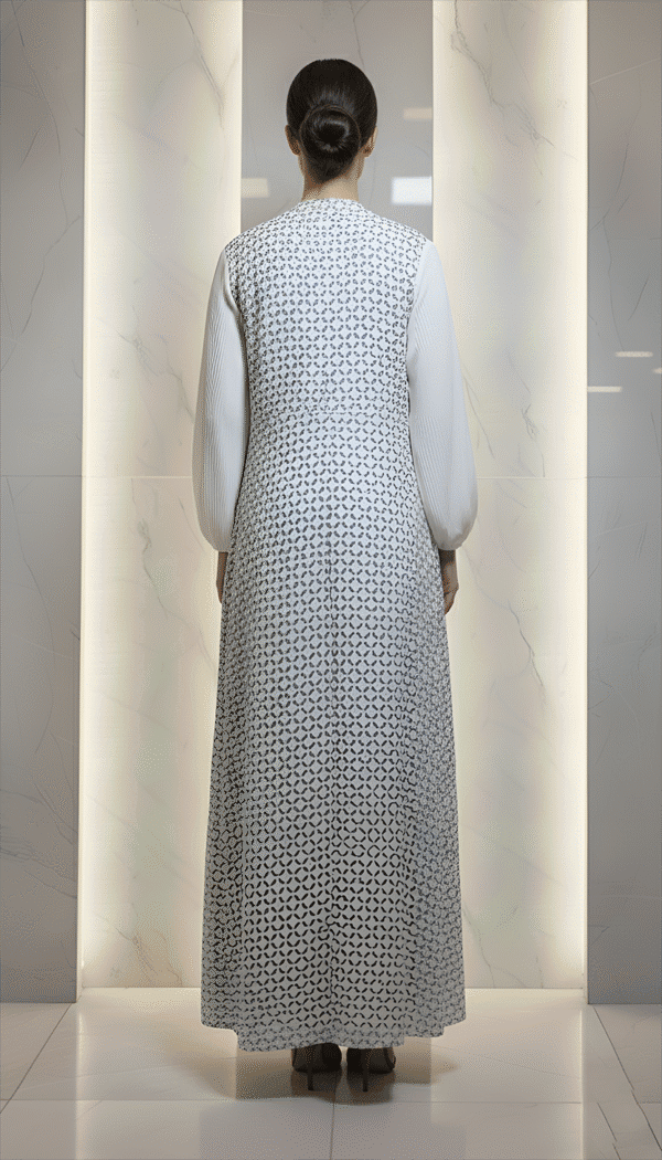 Umeed Designs, elegant embroidered dress, back view, women’s fashion, sophisticated style.