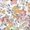 Beautiful floral fabric with pastel roses and leaves, perfect for fashion and home decor projects.