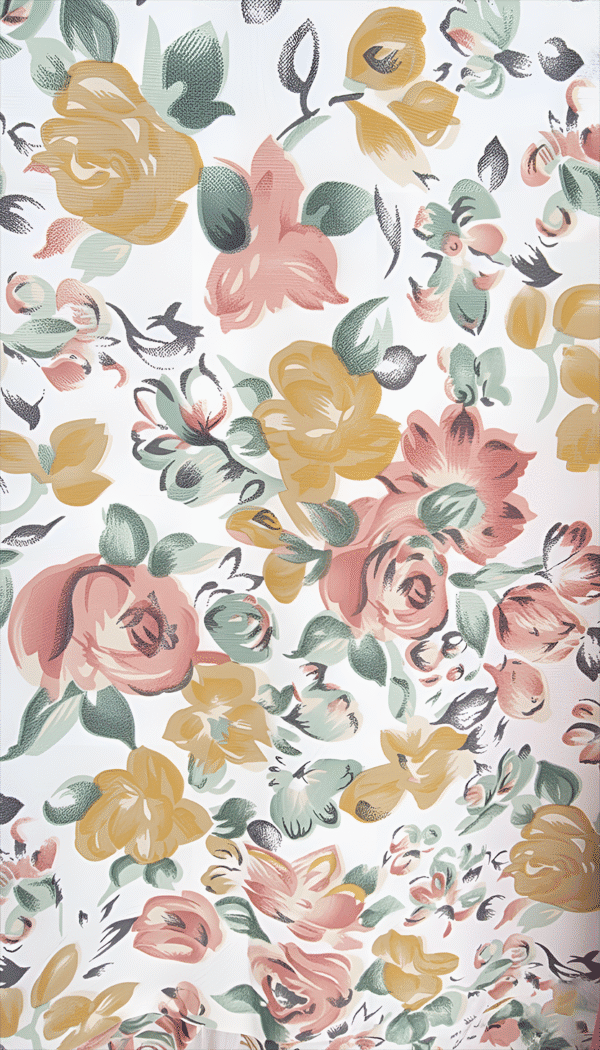 Beautiful floral fabric with pastel roses and leaves, perfect for fashion and home decor projects.