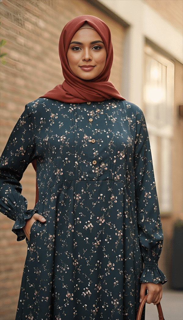 Elegant floral dress with hijab, perfect for modest fashion and special occasions.