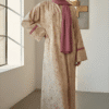 Elegant beige embroidered dress with pink scarf, Umeed Designs.