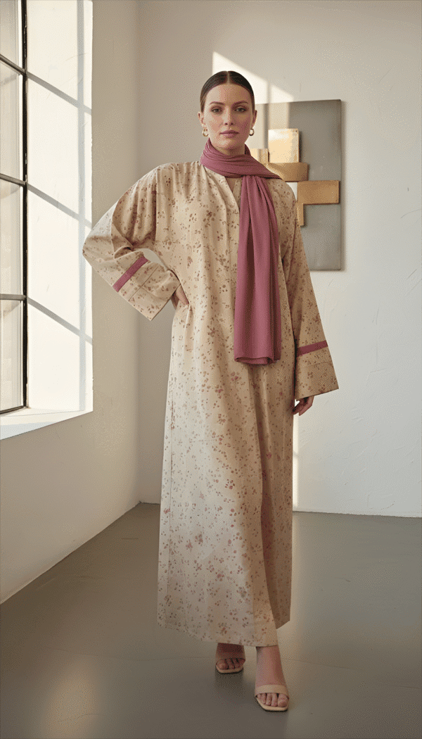 Elegant beige embroidered dress with pink scarf, Umeed Designs.