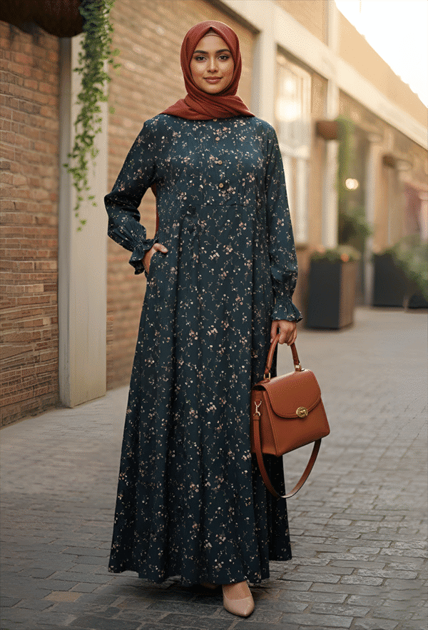 Elegant floral maxi dress with hijab for women by Umeed Designs.