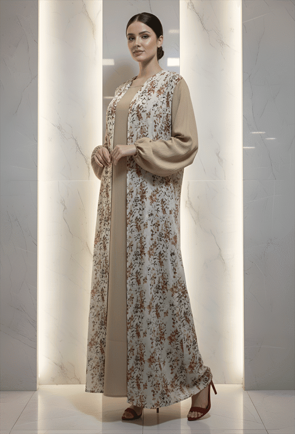 Woman wearing a beige long dress with embroidered overlay, standing indoors.