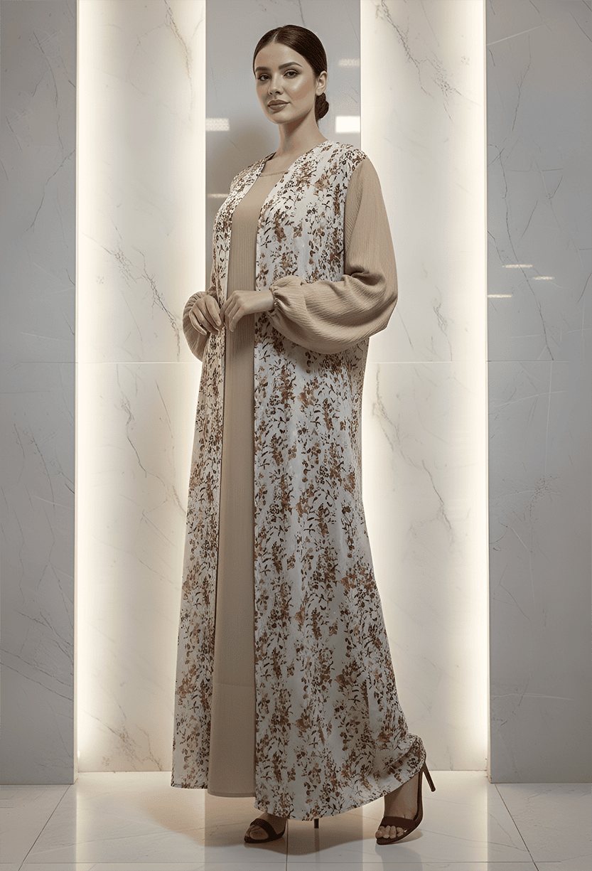 Woman wearing a beige long dress with embroidered overlay, standing indoors.