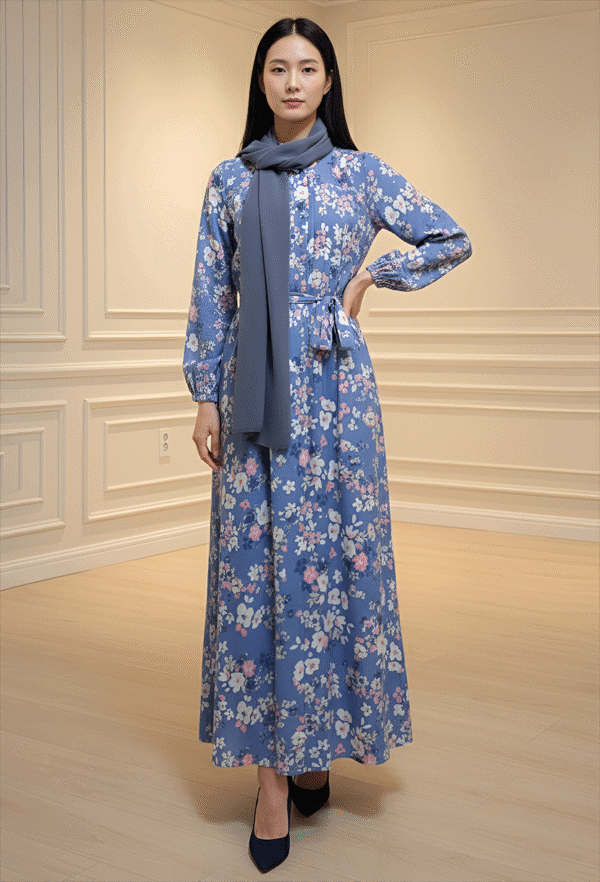Elegant floral maxi dress with matching scarf, perfect for spring and summer occasions.