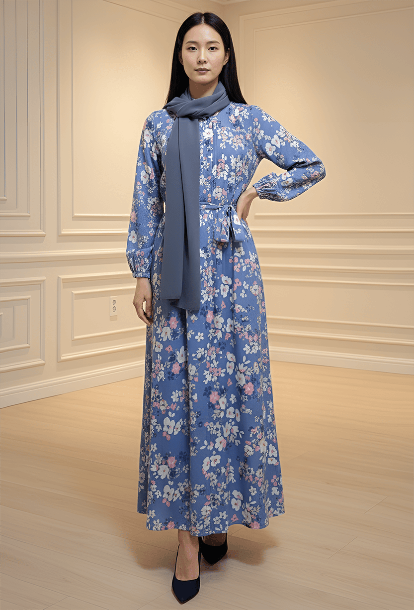 Elegant floral maxi dress with matching scarf, perfect for spring and summer occasions.