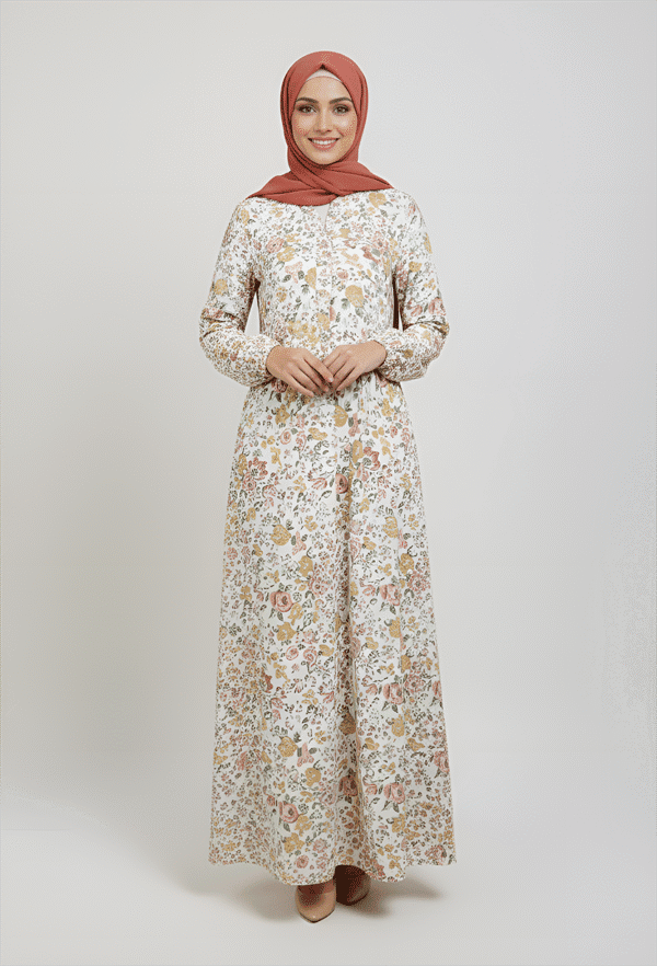 Elegant floral maxi dress with hijab for women, perfect for modest fashion and special events.