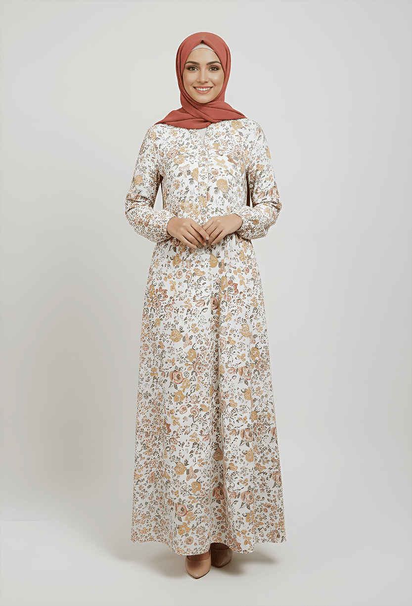 Elegant floral maxi dress with hijab for women, perfect for modest fashion and special events.