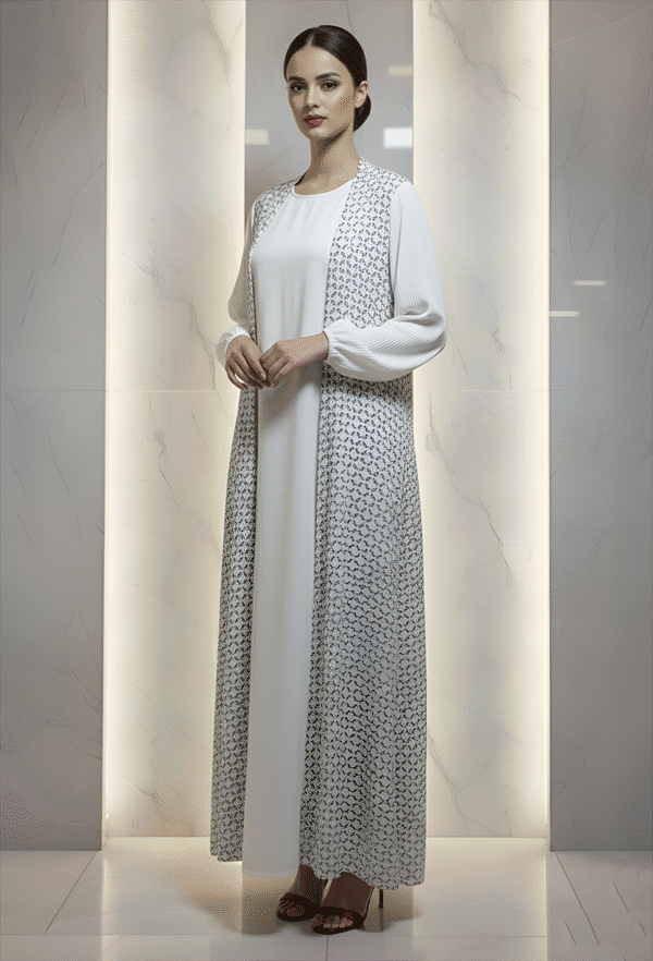 Woman wearing a stylish white abaya with intricate embroidery, standing confidently indoors.