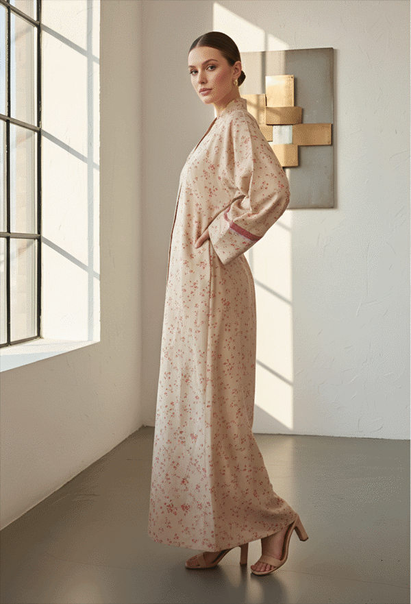 Woman wearing a floral maxi dress in a minimalist studio setting.