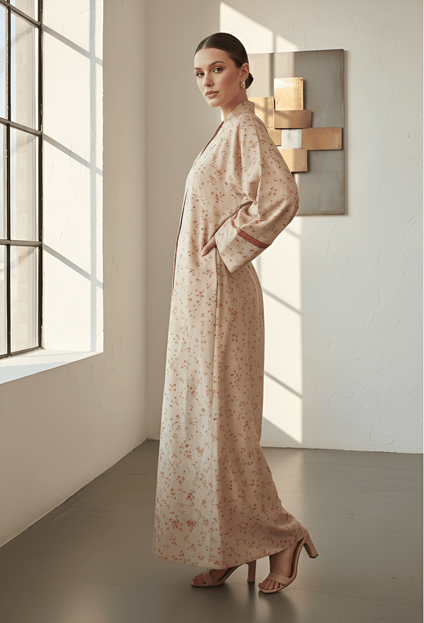 Woman wearing a floral maxi dress in a minimalist studio setting.