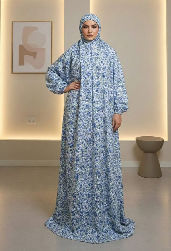 Abaya with blue floral print and matching hijab for modest fashion.
