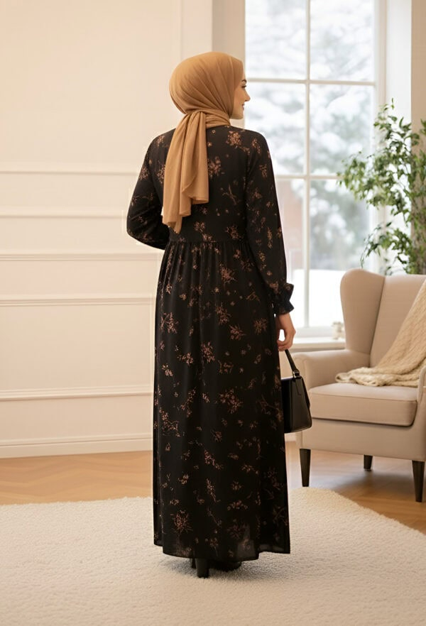 Elegant floral maxi dress paired with a beige hijab, perfect for modest fashion and special occasion.