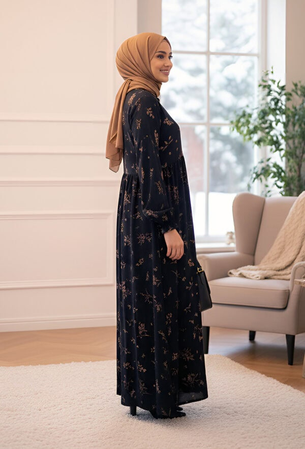 Elegant modest dress featuring a floral pattern, perfect for special occasions and cultural events.