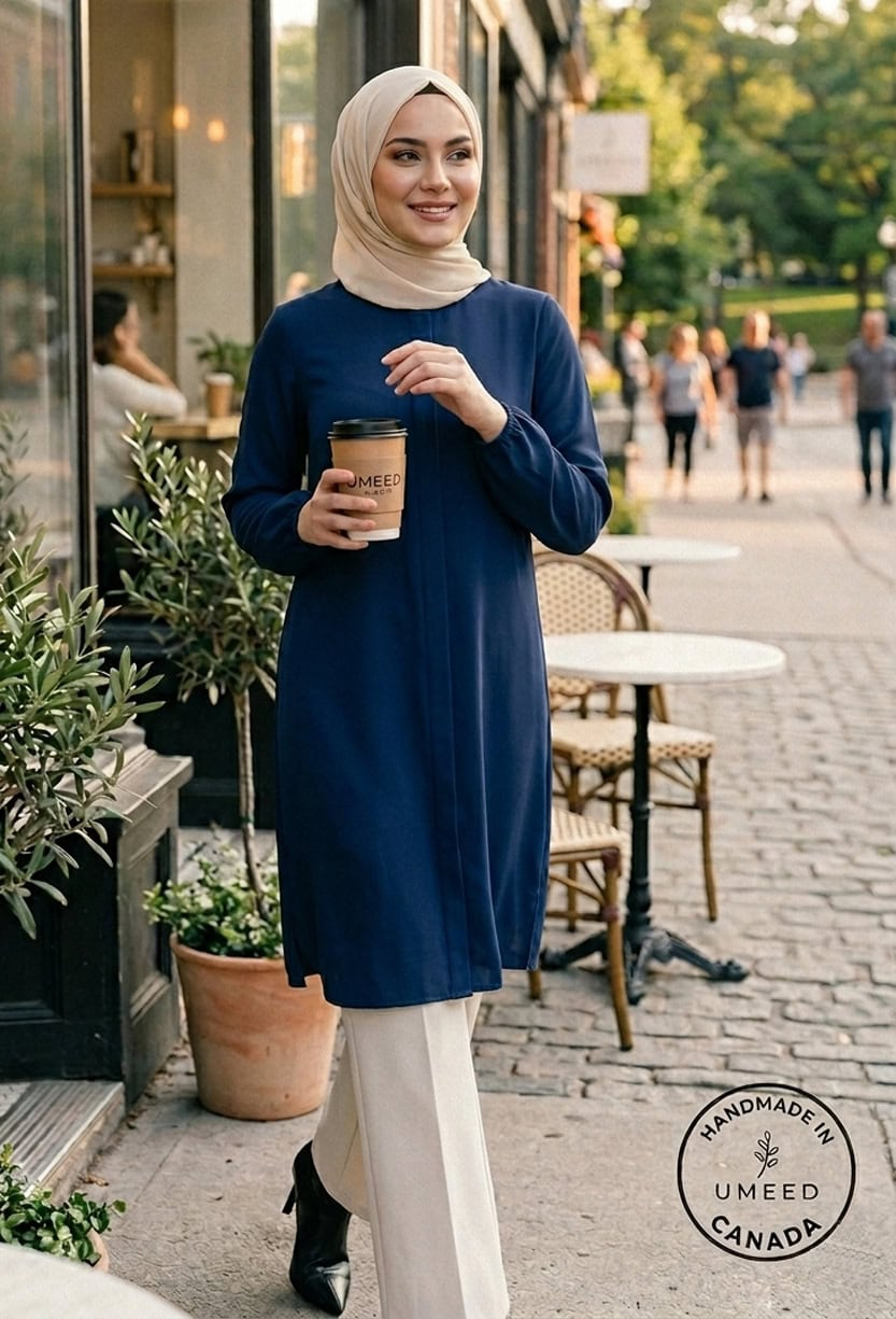 Modest fashion, hijab style, women’s outerwear, casual streetwear, Canadian handmade clothing.