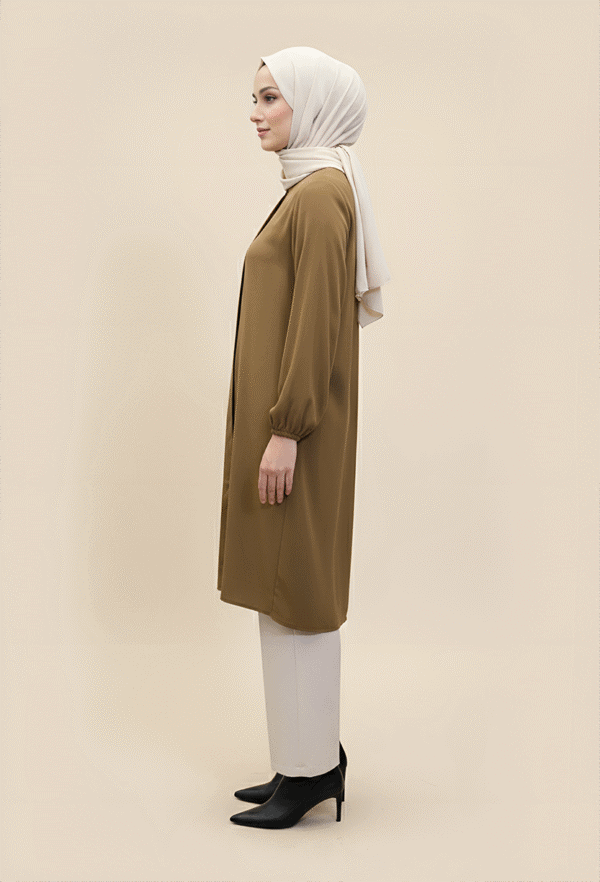 Modest brown dress with beige hijab, stylish and comfortable for women. Perfect for everyday wear or.