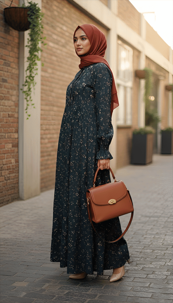 Elegant modest floral dress with a rust-colored hijab and matching handbag.