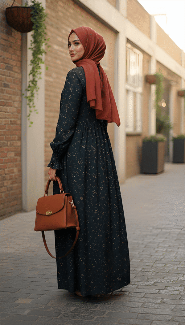 Modest navy blue dress with floral pattern, paired with a rust-colored hijab and matching handbag, p.