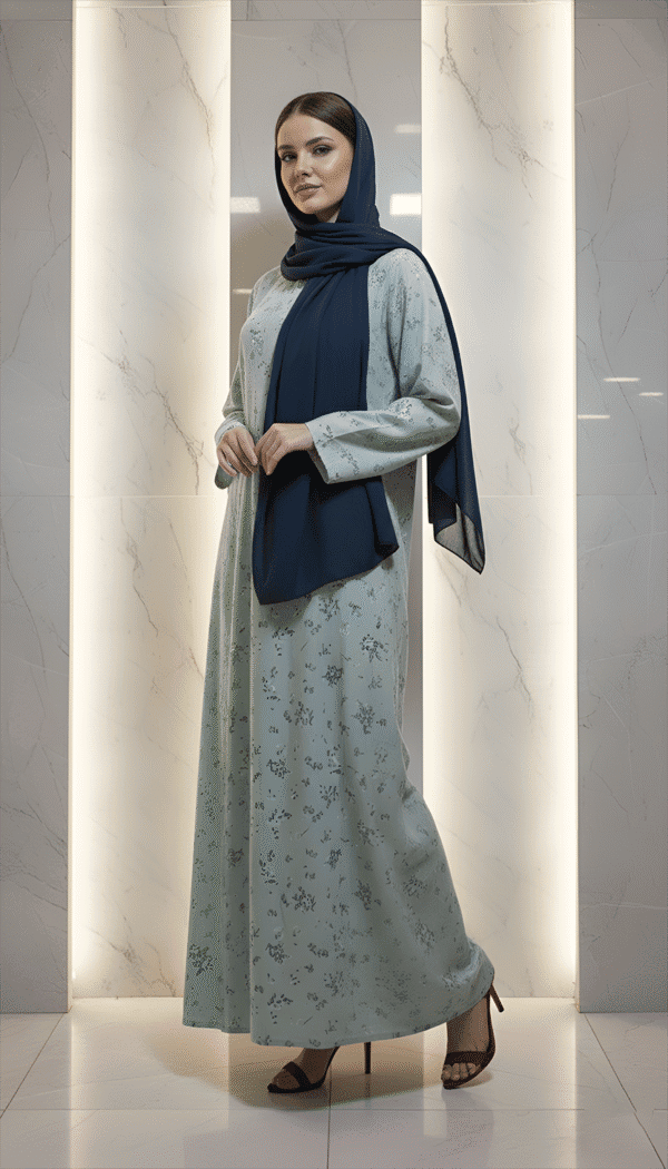 Elegant modest dress with navy hijab and heels.