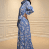 Elegant blue floral maxi dress with long sleeves and a high neckline, perfect for formal occasions a.