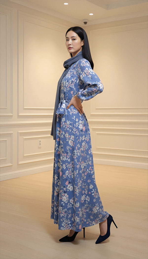 Elegant blue floral maxi dress with long sleeves and a high neckline, perfect for formal occasions a.