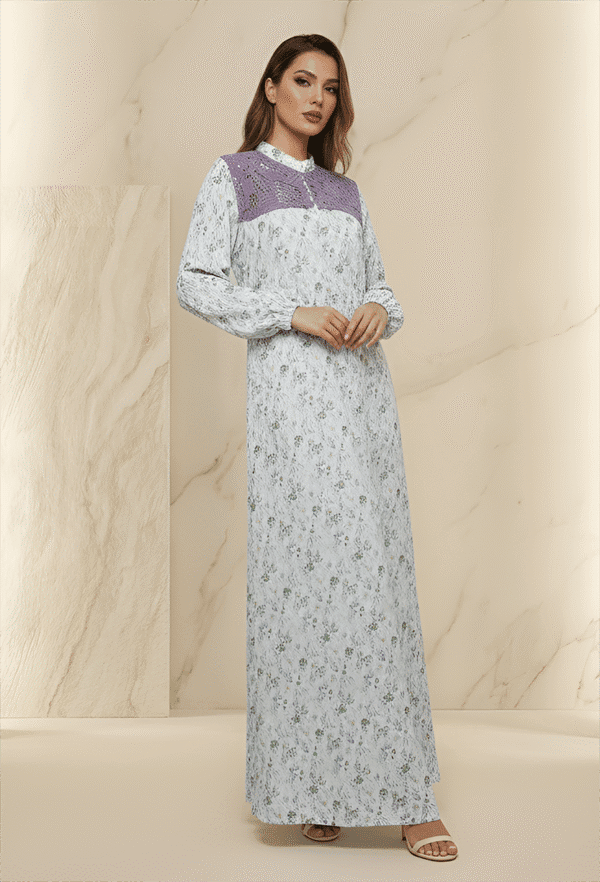 Elegant floral maxi dress with purple accents, perfect for summer and special occasions.
