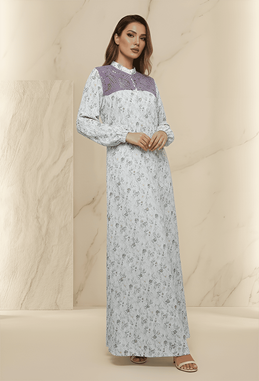 Elegant floral maxi dress with purple accents, perfect for summer and special occasions.
