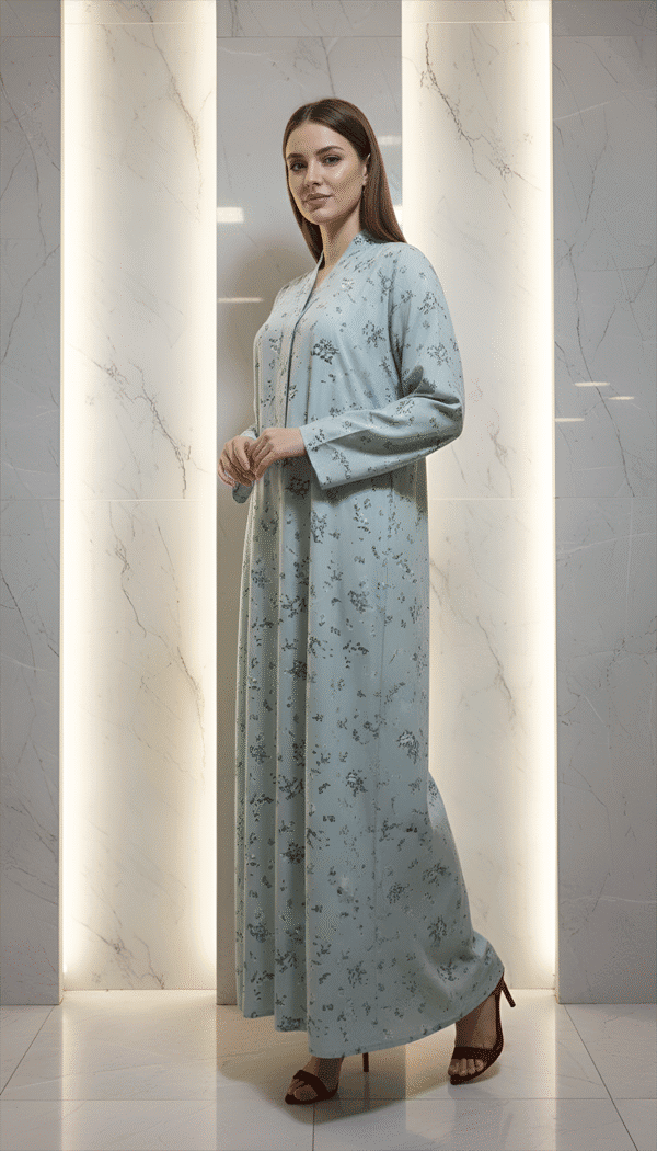 Elegant blue floral abaya for women by Umeed Designs, perfect for special occasions and cultural eve.