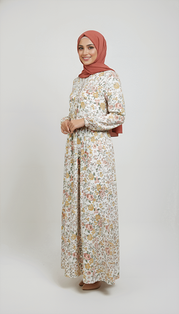 Woman in floral maxi dress and hijab, smiling, standing against a plain background.