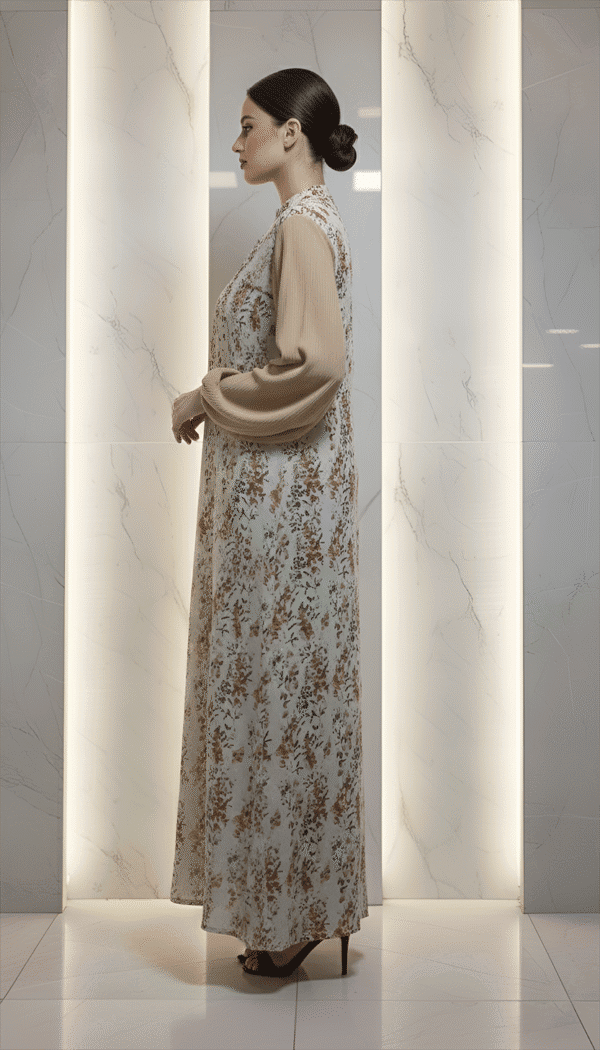 Elegant traditional dress with intricate embroidery and soft beige tones.