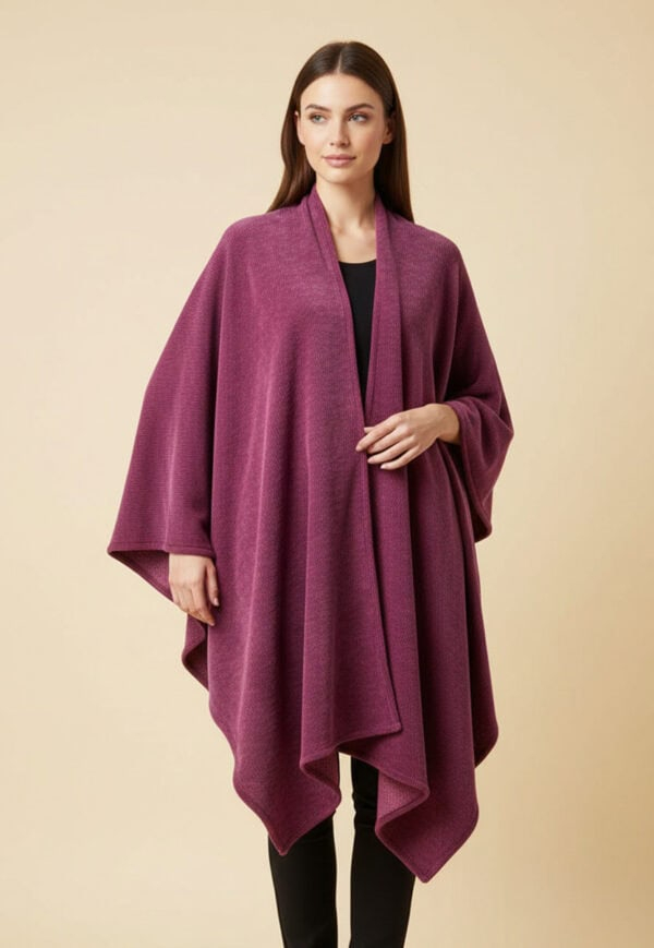 Magenta wool wrap coat with a relaxed fit and open front, perfect for stylish winter layering.