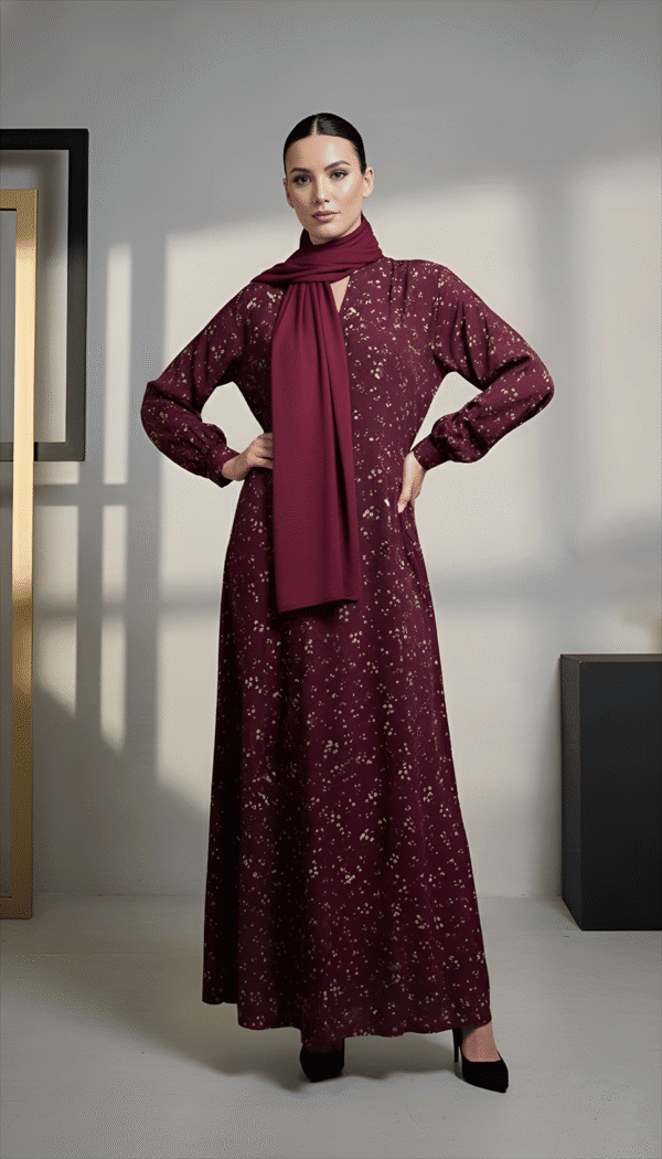 Elegant maroon abaya with gold floral embroidery and matching scarf, perfect for special occasions.