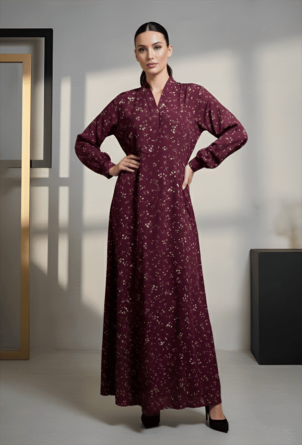 Maroon floral maxi dress with long sleeves, perfect for elegant occasions and cultural events.