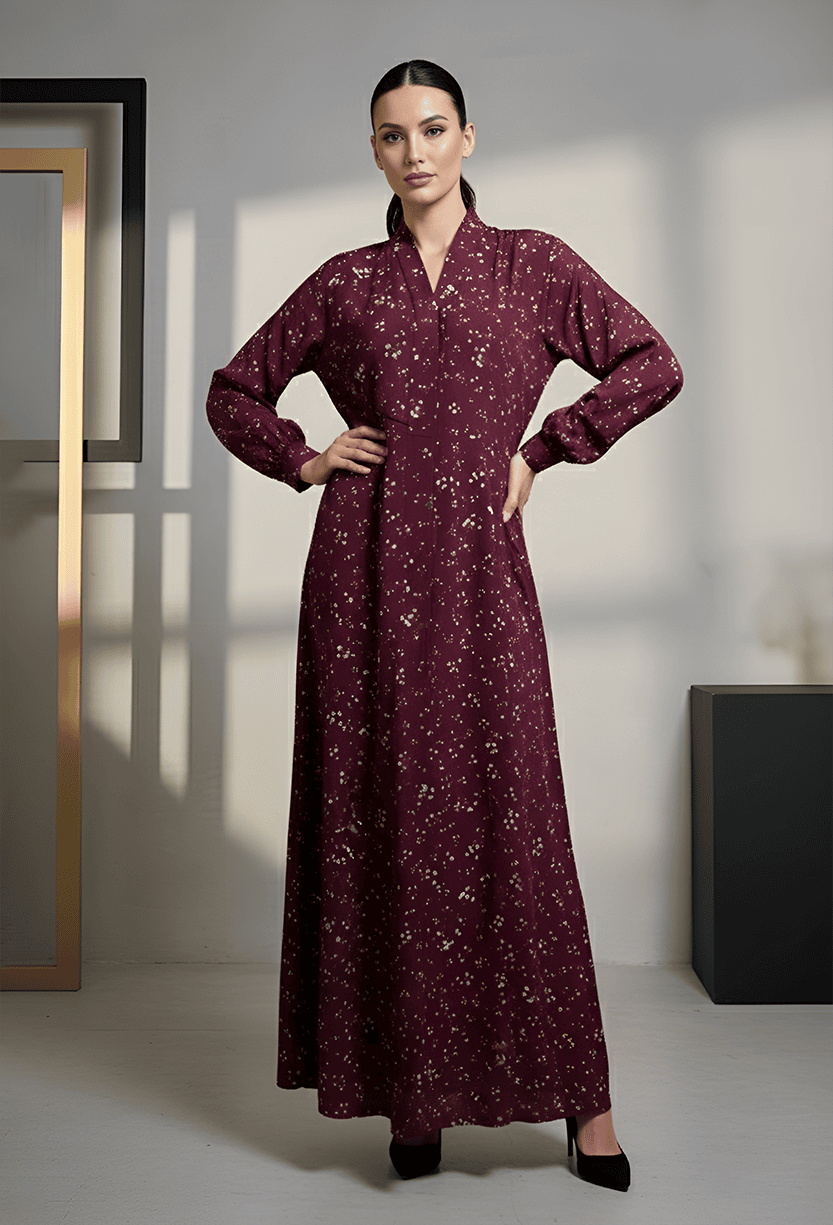 Maroon floral maxi dress with long sleeves, perfect for elegant occasions and cultural events.