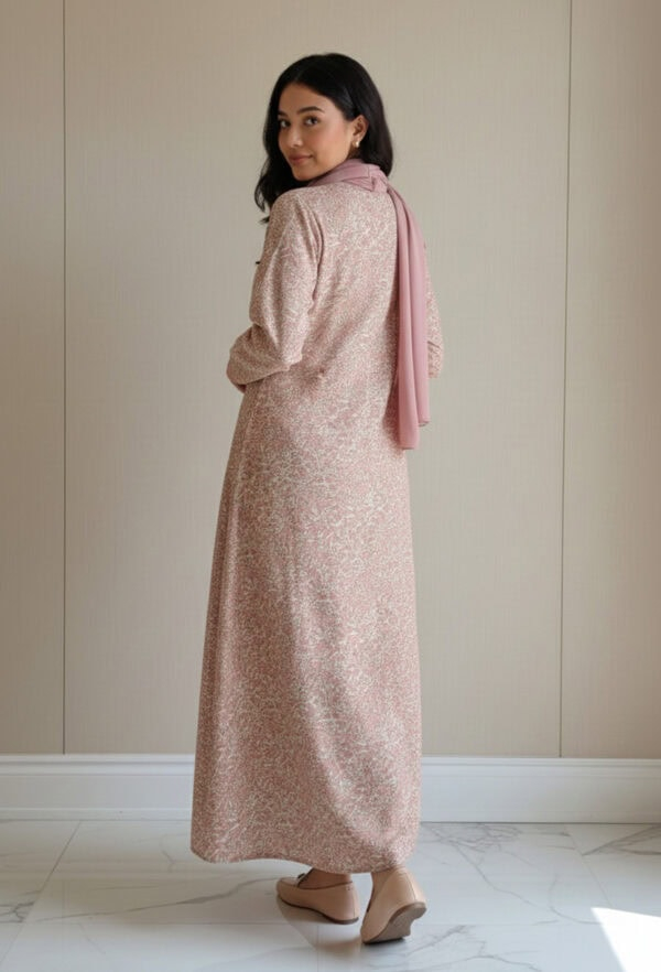 Elegant pink floral maxi dress with matching scarf, perfect for special occasions and stylish comfor.