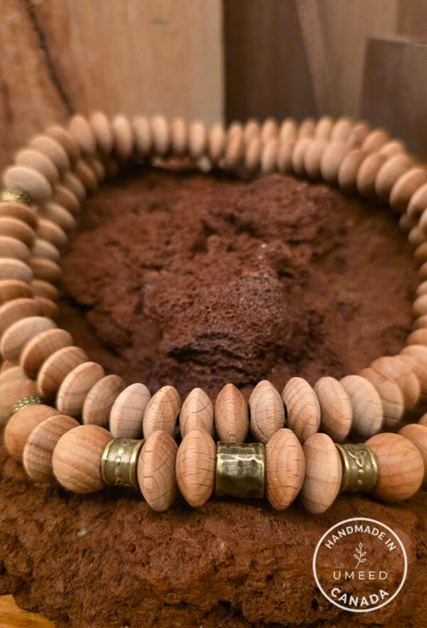 Beaded necklace with wooden and brass beads, handcrafted jewelry from Umeed Designs.