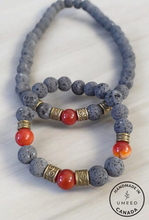 Stone beaded necklace with gold accents and red coral beads, handcrafted jewelry from Umeed Designs.