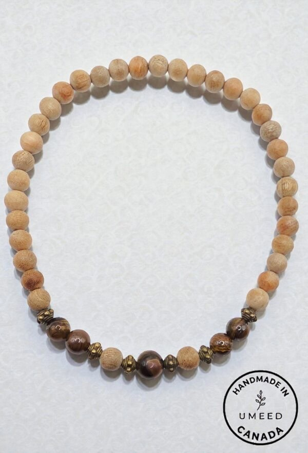 Beaded necklace with natural wood and pearl beads, handcrafted jewelry from Umeed Designs.