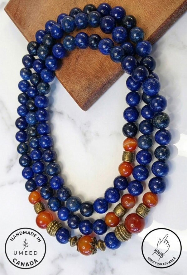 Blue beaded jewelry with orange and gold accents, handcrafted by Umeed Designs in Canada.