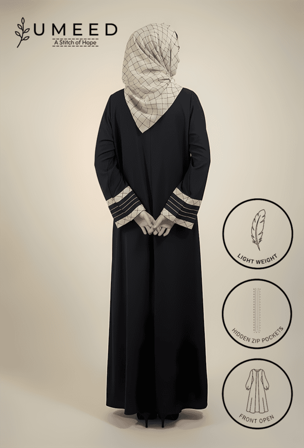 Elegant black abaya with hidden zip pockets and front open design, lightweight fabric, for modest fa.
