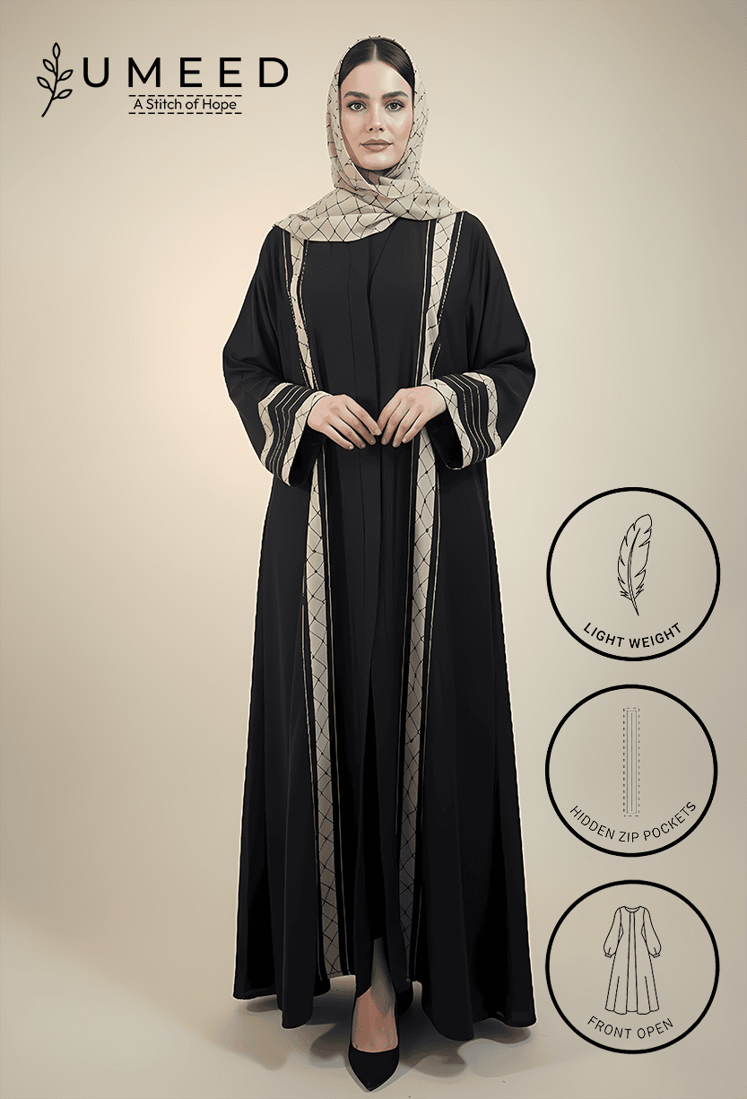 Elegant black abaya with beige embroidery, lightweight fabric, hidden zip pockets, and front open de.