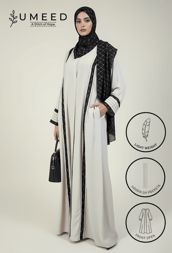 Abaya with hidden zip pockets, front open design, lightweight fabric, perfect for modest fashion.