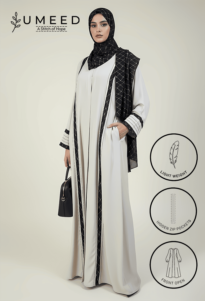 Abaya with hidden zip pockets, front open design, lightweight fabric, perfect for modest fashion.