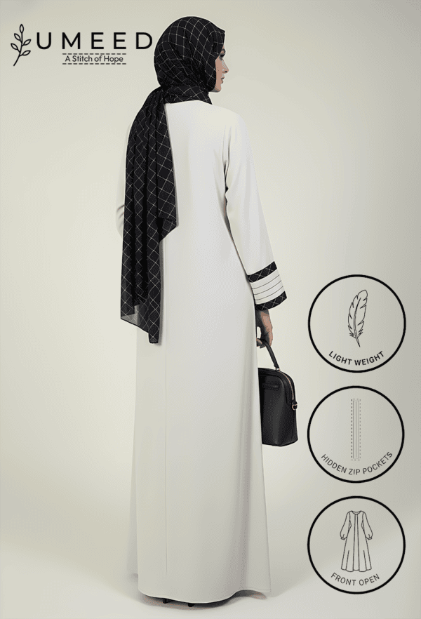 Lightweight abaya with hidden zip pockets, front open design, and elegant black and white pattern. P.