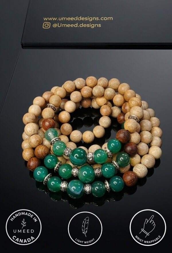 Bracelet jewelry made with natural wood and green beads, showcasing handcrafted craftsmanship.