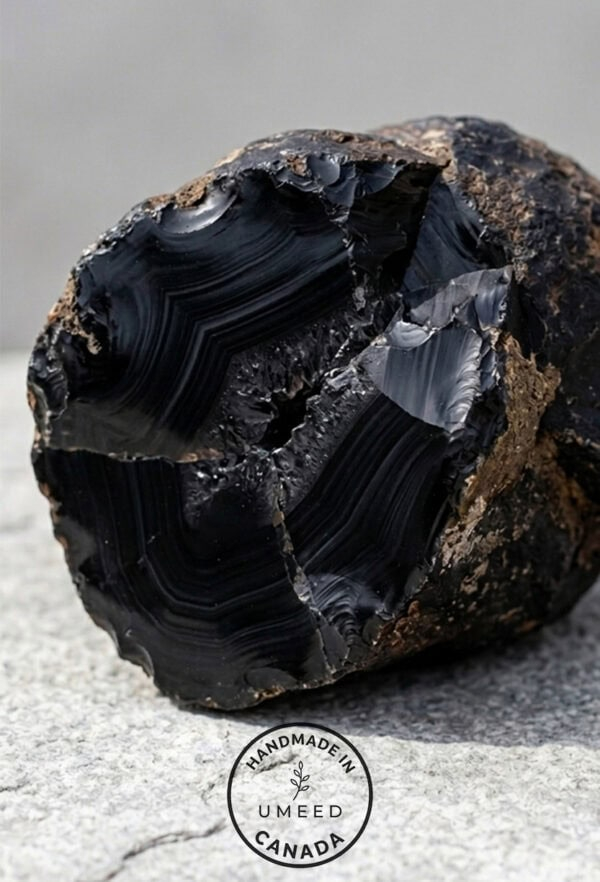 Black onyx geode crystal for jewelry making and healing practices. Unique natural stone with strikin.