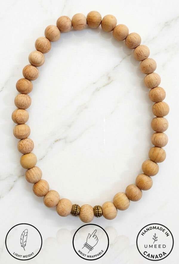 Handmade wooden beaded necklace with adjustable wrap design.