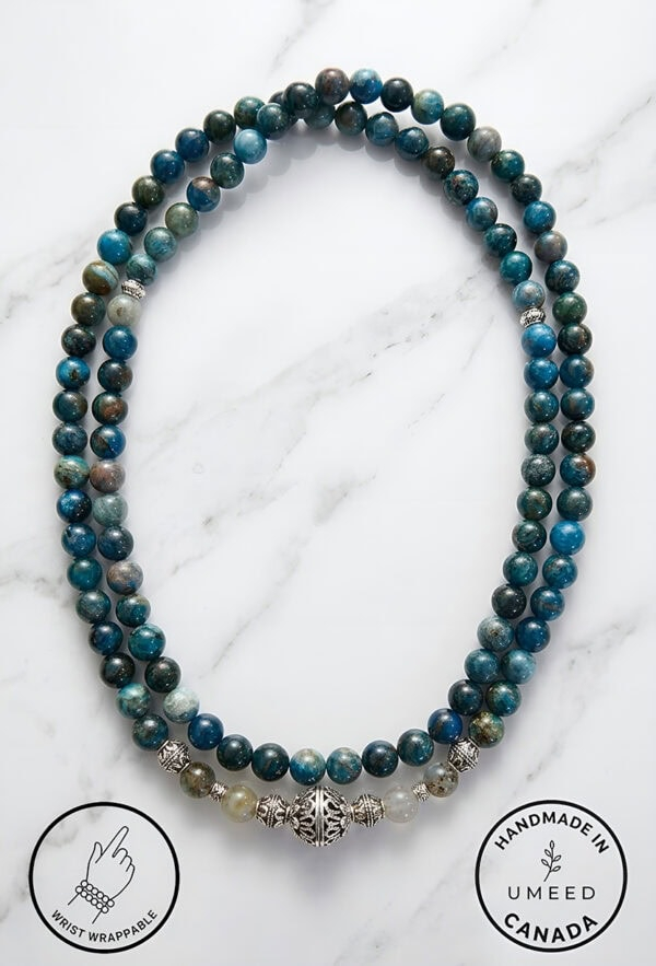 Blue gemstone beaded necklace with silver accents, handmade in Canada.