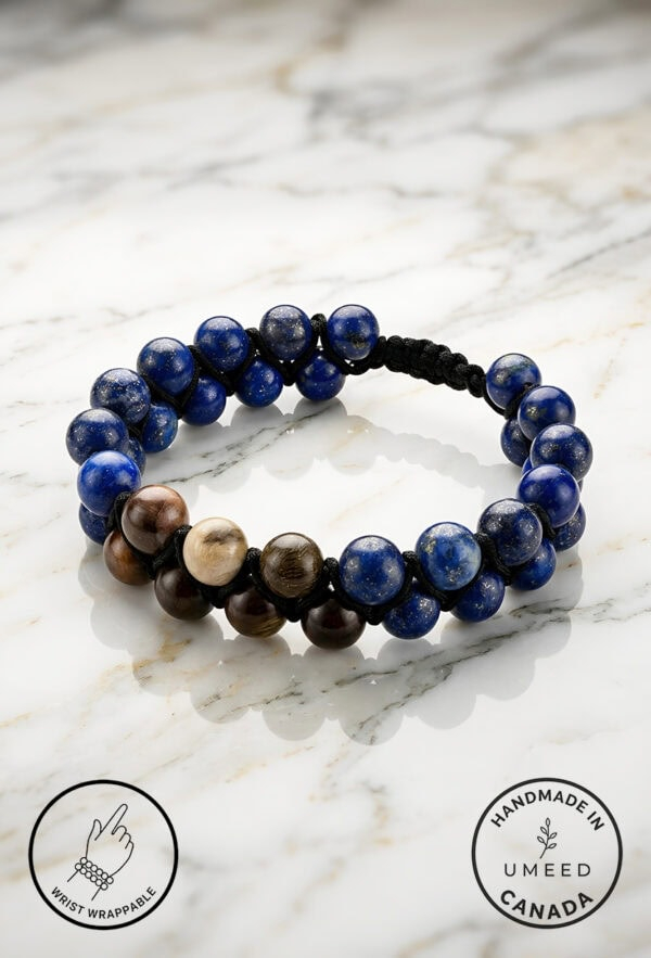 Elegant handmade beaded bracelet with blue, brown, and cream stones, crafted by Umeed Designs in Can.